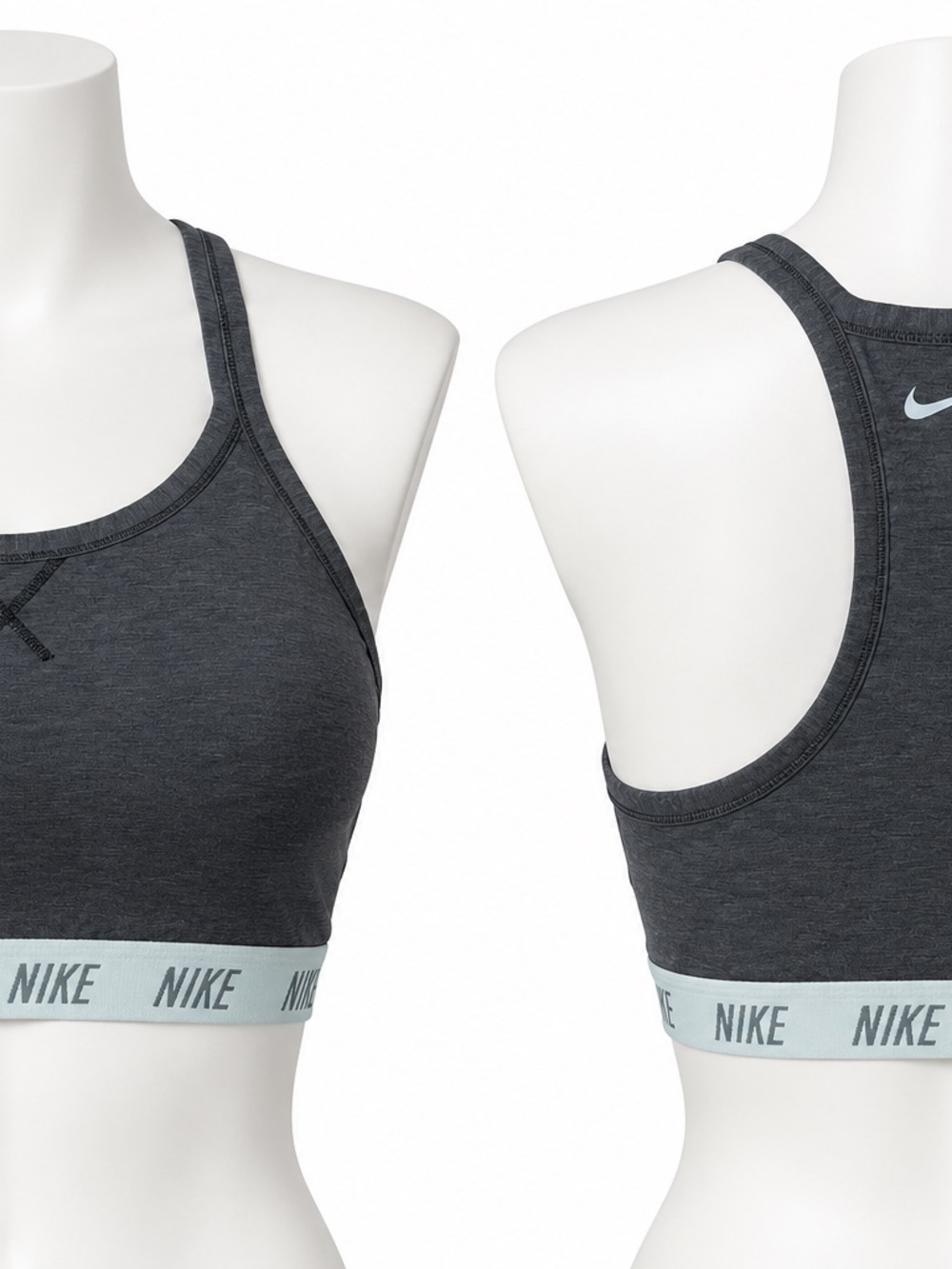Nike Charcoal Grey Racerback Sports Bra with Light Blue Elastic